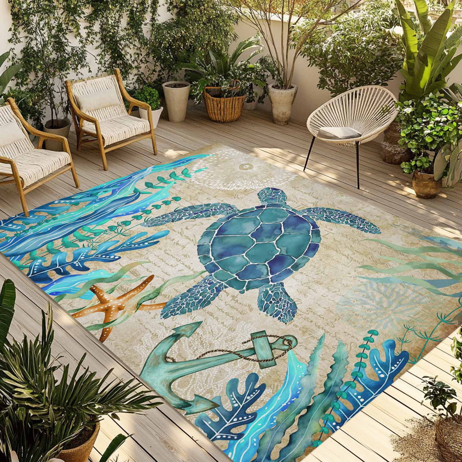 4' x 6' Outdoor Rug, Teal Sea Turtle Coastal Outdoor Washable Rug Large Floor Carpet, Vintage Summer Beach Seaweed Non Shedding Area Rug for Outside Patio RV Porch Deck Balcony Camping Living Room