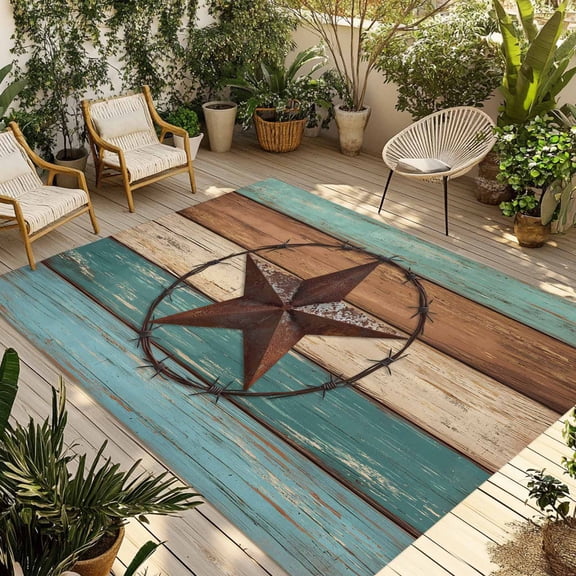 4' x 6' Outdoor Rug, Texas Star Rustic Outdoor Washable Rug Large Floor Carpet, Western Teal Brown Ombre Wooden Vintage Non Shedding Area Rug for Outside, Patio, RV, Porch, Deck, Balcony, Camping