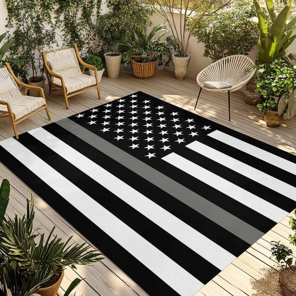 4' x 6' Outdoor Rug, Thin Grey White Line Outdoor Washable Rug Large Floor Carpet, American Flag Star Non Shedding Area Rug for Outside Patio RV Porch Deck Balcony Camping Living Room
