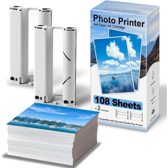 4" x 6" Photo Paper 108 Sheets and 2 Ribbons Cartridges Refill Pack Compatible with Sprocket Studio Plus Printer for YP01 Photo Printer, Sticker Frames, Photo Album