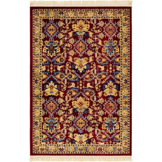 4' x 6' Red and Beige Farmhouse Border Rectangular Area Throw Rug