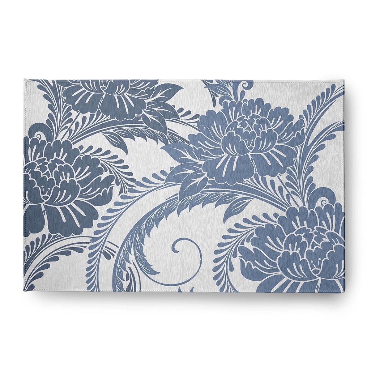 4' x 6' Blue Floral Chenille Area Rug with Non-slip Backing