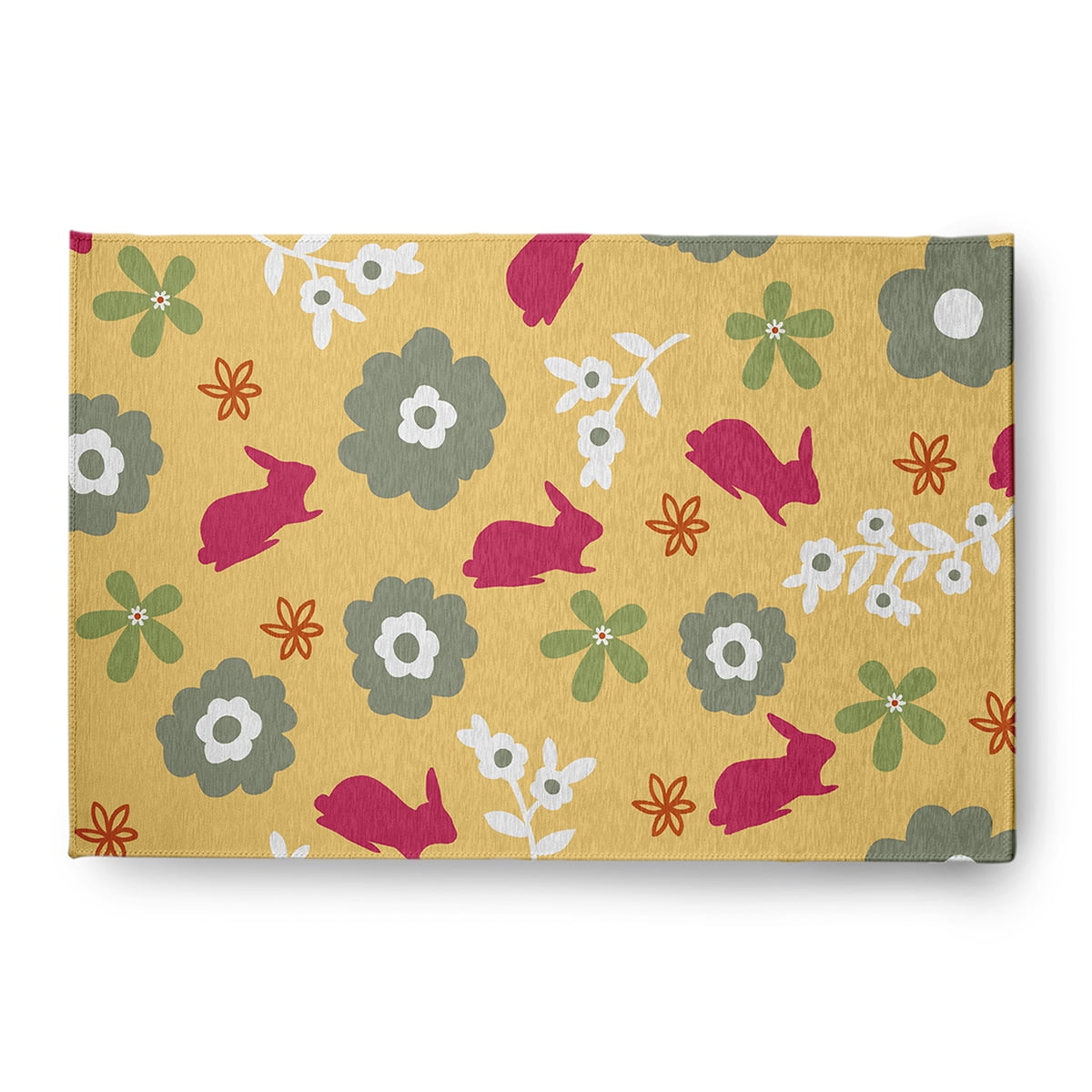 4' x 6' Simply Daisy Flowery Love with Bunnies Traditional Chenille Area Rug, Daffodil Yellow-Pink