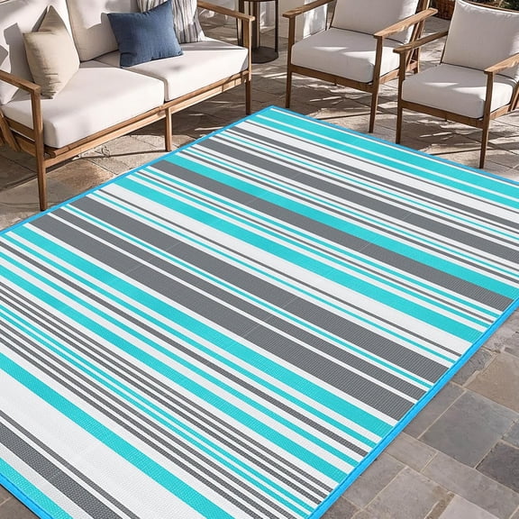 4' x 6' Striped Outdoor Patio Rug, Waterproof Plastic Straw Rug, Reversible & Foldable Area Carpet for RV, Camper, Balcony, Deck, Porch & Backyard, Blue & Grey