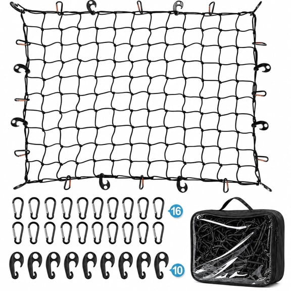 4' x 6' Super Duty Bungee Cargo Net for Truck Bed Stretches to 8' x 12' with 16 Tangle-Free D Clip Carabiners, 10 ABS Hooks & 1 Storage Bag