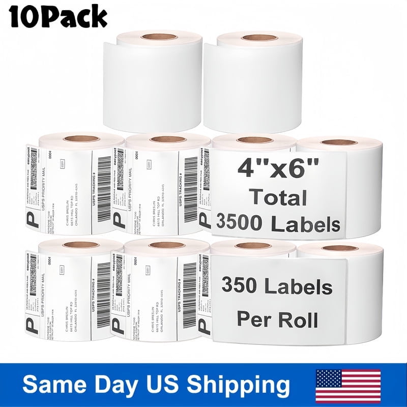 4" x 6" Thermal Labels, 10 Rolls of 350 Blank Self-Adhesive Shipping Labels, for Thermal Printers, Mailing & Postage, For Zebra ZP-450 ZP-500 ZP-505, 1750
