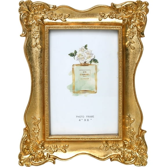 4 x 6 Vintage Picture Frame Trim Antique Ornate Resin Photo Frame with Easel and Hook for Tabletop Wall Art Decor Display Home Office(Gold)