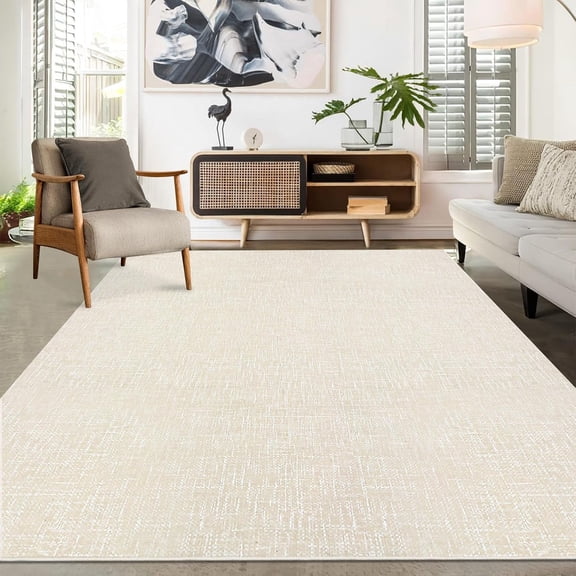 4' x 6' Washable Area Rugs, Distressed Modern Abstract Office Carpet Low Pile Rug Non Slip Farmhouse Floor Cover, for Living Room Bedroom, Beige