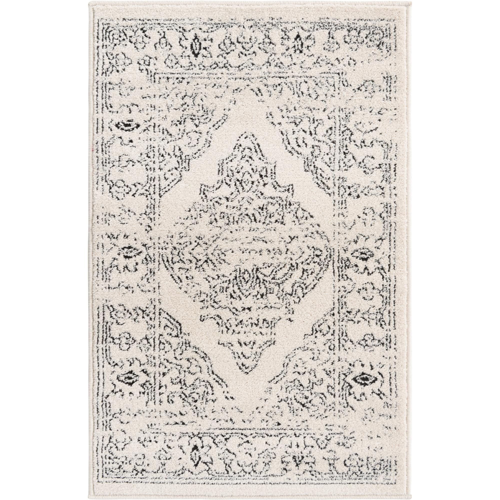 4' x 6' White and Black Floral Medallion Rectangular Area Throw Rug