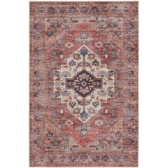 4 x 6 ft. Blue & Red Oriental Traditional Power Loomed Distressed Washable Non Skid Rectangle Area Rug