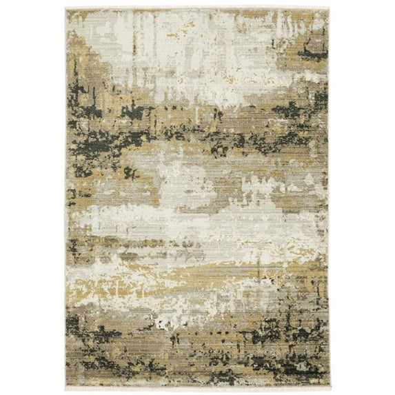 4 x 6 ft. Gray Gold Black Charcoal & Beige Abstract Power Loom Stain Resistant Rectangle Area Rug with Fringe