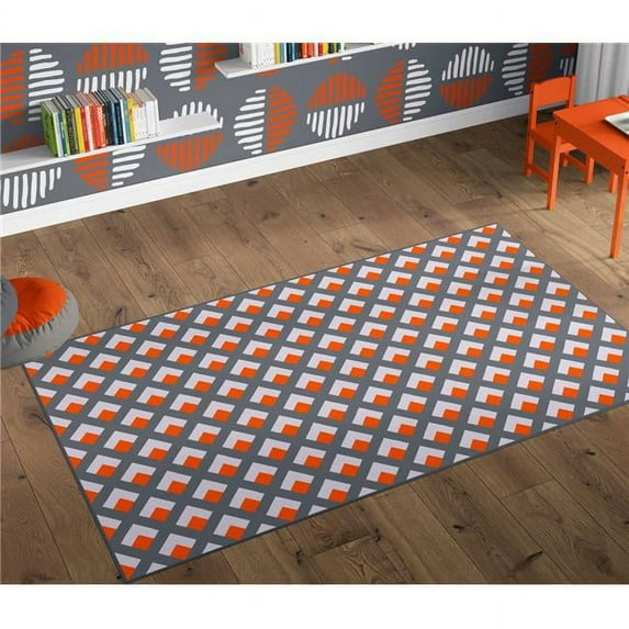 4 x 6 ft. Modern Living Room Area Rug with Nonslip Backing, Gray & Orange - Small - Geometric - Trellis Pattern - Rectangle