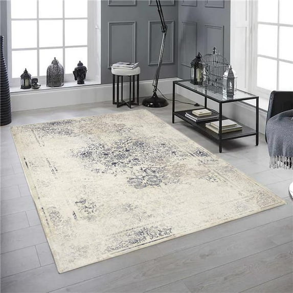4 x 6 ft. Navy Blue, Beige & Grey Distressed Pattern Washable Transitional Rectangle Area Rug