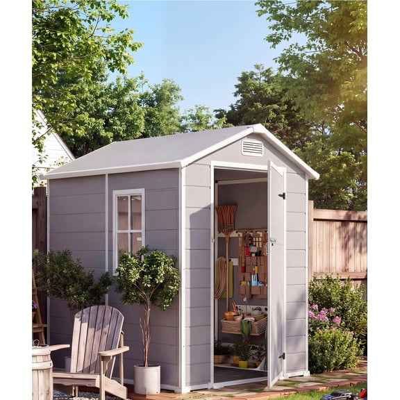 4 x 6 ft Resin Outdoor Storage Shed with Floor, Window, Ventilation, Sloping Roof, and Lockable Door for Tools