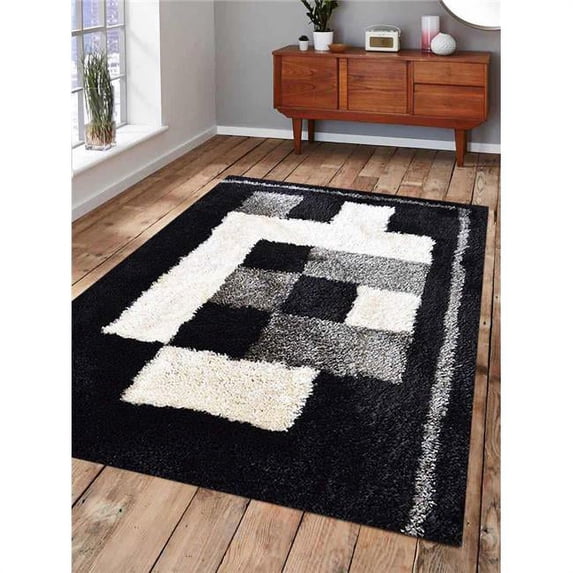 4 x 6 ft. Shag Geometric Hand Tufted Polyester Area Rug, Black & Beige