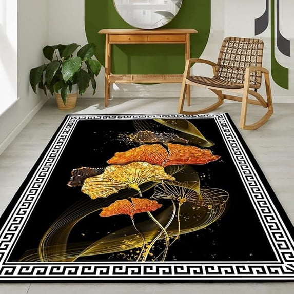 4 x 6ft Black Gold Orange Area Rug For Living Room Bedroom, Oriental Indoor Rugs Soft Non-Slip Large Floor Carpet Non-Shedding Nursery Floor Mat