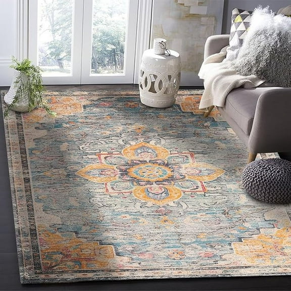 4 x 6ft Geometric Area Rug, Modern Outdoor Living Room Bedroom Area+Rug Carpet, Kitchen Rug Bath Mat Front Porch Floor Doormat Runner Rugs, Vintage Shabby Chic Abstract Flower Ethnic