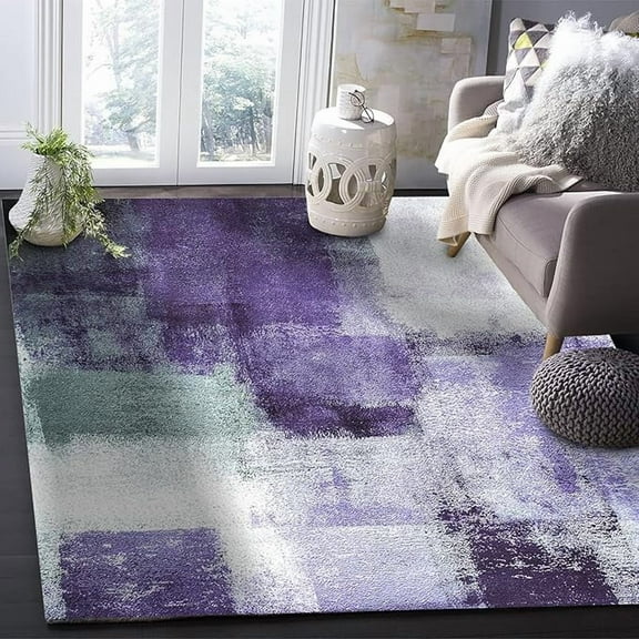 4 x 6ft Indoor Area Rug, Purple Oil Painting Non Slip Carpet Pad Bathroom Mat, Gray White Art Abstract Geometric Kitchen Runner Area Rug For Bedroom/Living Room/Kids Room