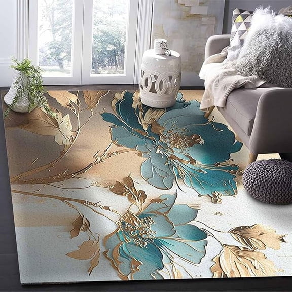 4 x 6ft Teal Blue Floral Living Room Rug Washable Rug For Living Room Soft Large Abstract Oil Painting Flowers Area Rug Non-Slip Lightweight Floor Carpet For Bedroom Office Decor
