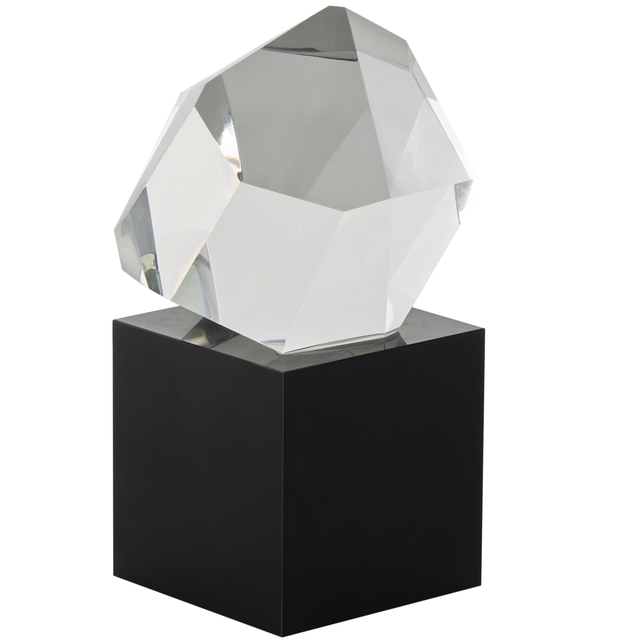 4" x 7" Clear Glass Cut Stone Inspired Geometric Sculpture with Black Base, by DecMode