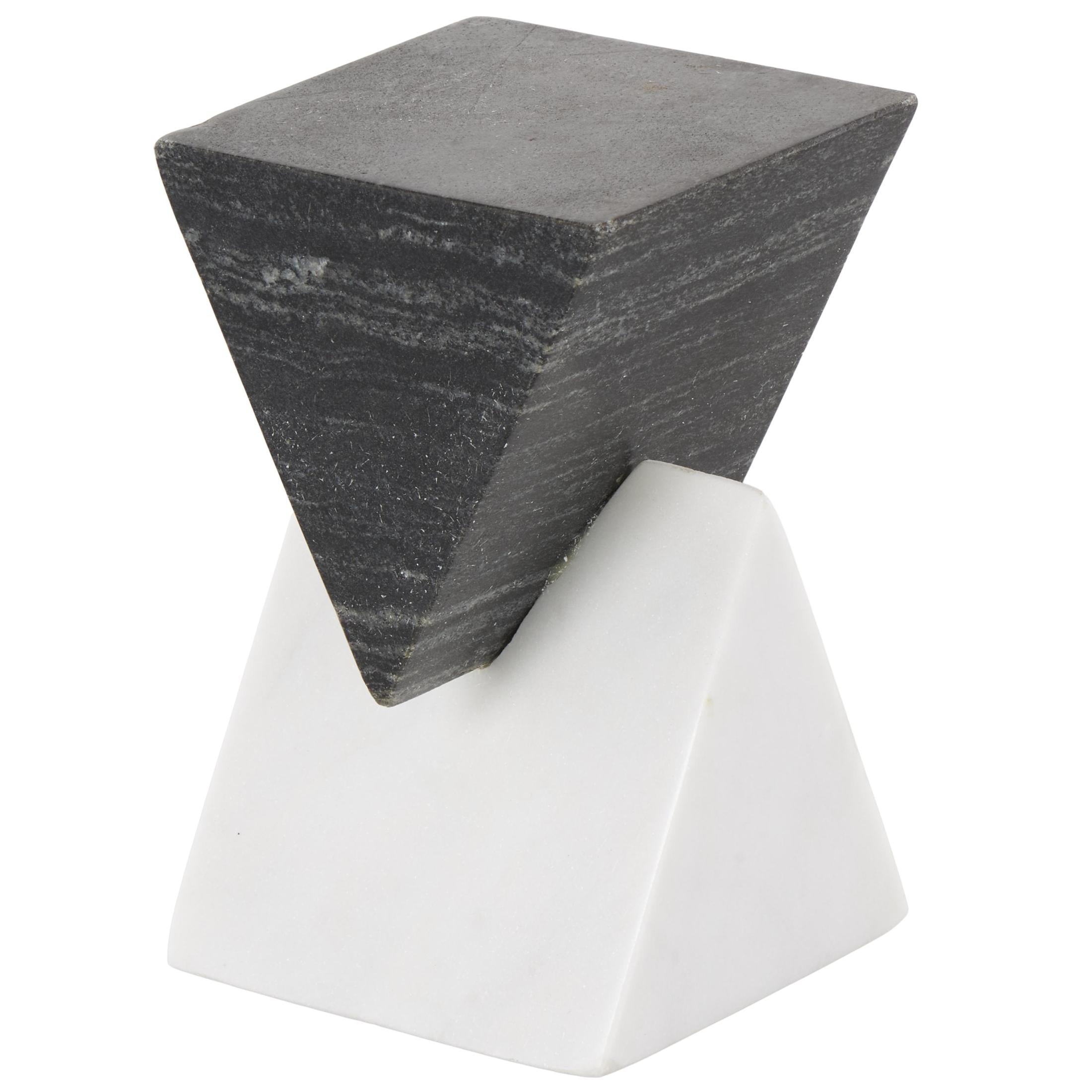 4" x 7" White Marble Stacked Pyramid Geometric Sculpture with White Base, by DecMode