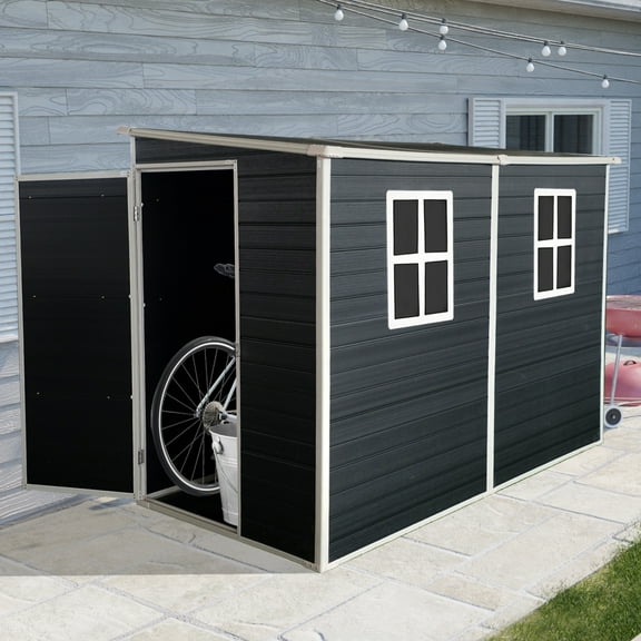 4 x 8 FT Outdoor Storage Shed, Garden Tool Storage House with Floor Resin shed, 2 Windows and Lockable Doors, Trash Shed Waterproof Outside Storage for Backyard Garden Patio Lawn, Black