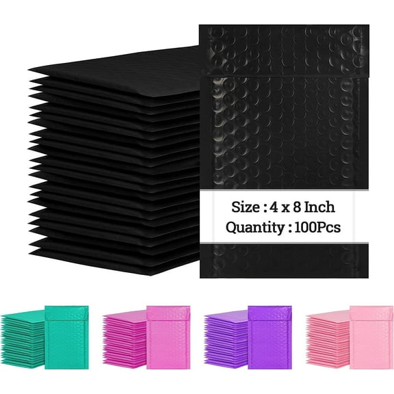 4 x 8 Inch Bubble Mailers 100 Pack, Self Seal Padded Envelopes for Small Business, Waterproof Shipping Bags, Black