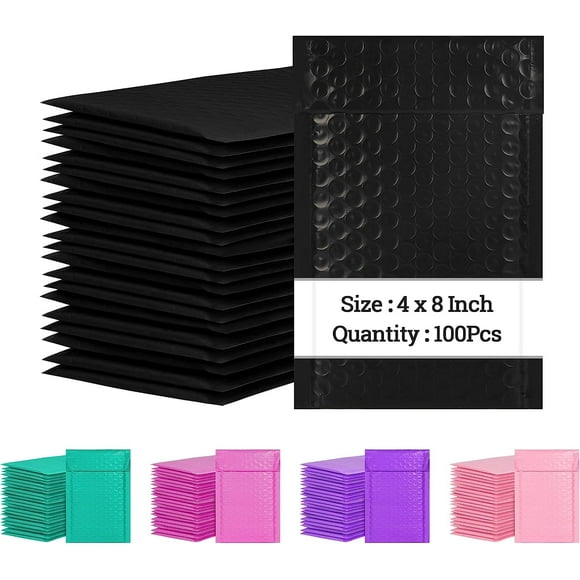 4 x 8 Inch Bubble Mailers 100 Pack, Self Seal Padded Envelopes for Small Business, Waterproof Shipping Bags, Black