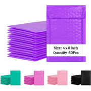 4 x 8 Inch Bubble Mailers 50 Pack, Self-Seal Poly Padded Envelope, Waterproof Shipping Bags for Small Business, Purple