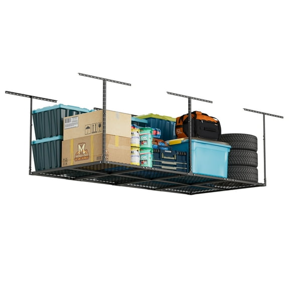 4 x 8FT Overhead Garage Storage Rack, Adjustable Ceiling Storage Racks, Garage Shelving Heavy Duty Storage Organizer System, 600lbs Weight Capacity (Black)