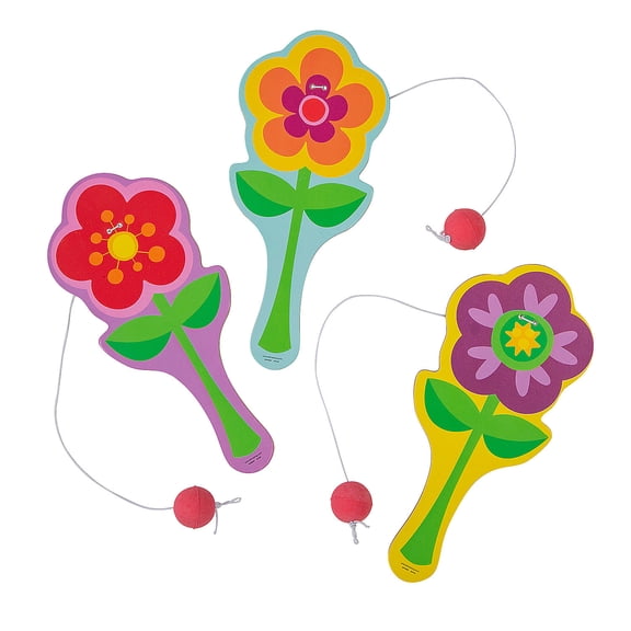 4" x 9" Flower-Shaped Multicolor Wood Paddleball Games – 12 pieces