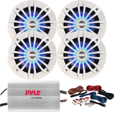 4 x Enrock 6.5" 2-Way 180W White Marine Speakers with Flashing Blue LED Light, Pyle 4-Channel 400W MP3/iPod 2-Ohm Stereo Stable Amplifier, Amp Installation Kit
