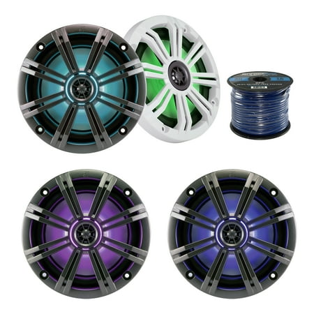 4 x Kicker 43KM654LCW 8" Inch KM-Series LED Marine Boat Coaxial Speakers, and Enrock Audio 16-Gauge 50 Foot Speaker Wire