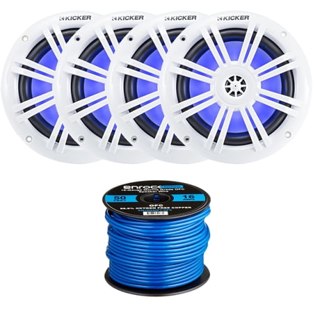 4 x Kicker 6.5" Marine Boat Blue LED Coaxial Full-Range 150W Audio Speakers with Enrock Marine-Grade 50 Foot 16-Gauge Tinned Speaker Wire