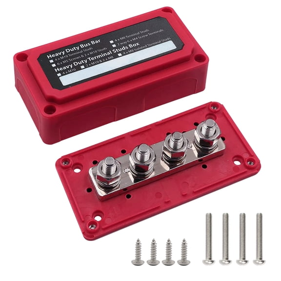 4 x M10 (3/8") Studs Power Distribution Block Bus Bar 12V, Ampper Waterproof HD 300A Marine BusBar Battery Distribution Block W/ Cover for Auto Boat Solar (Red)