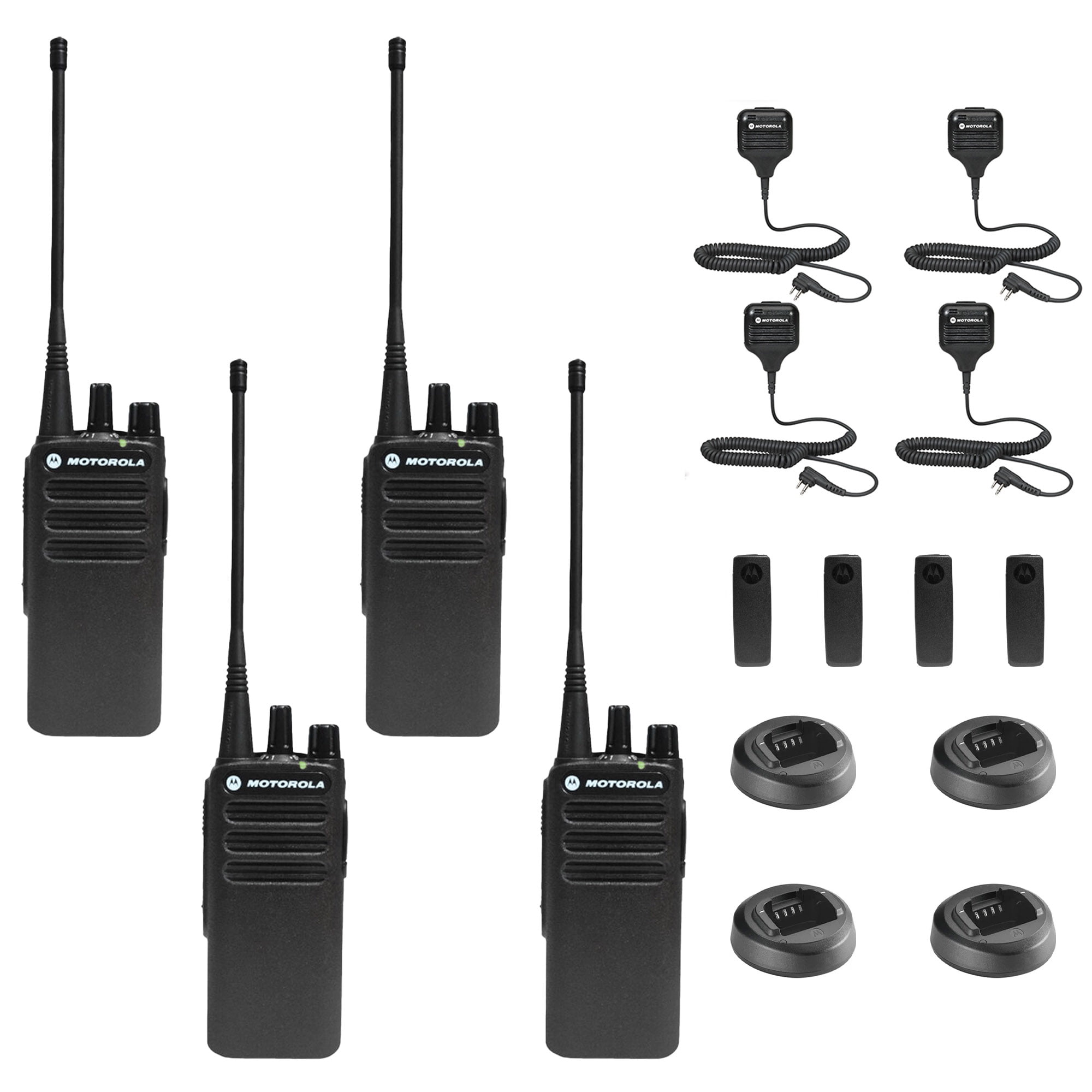4 x Motorola CP100D Analog UHF Portable Non-Display Two Way Radio, 16 Channel, 4 Watt (403-480MHz) + 4 x HKLN4606 Remote Speaker Mic - 4 Pack with Mic Bundle