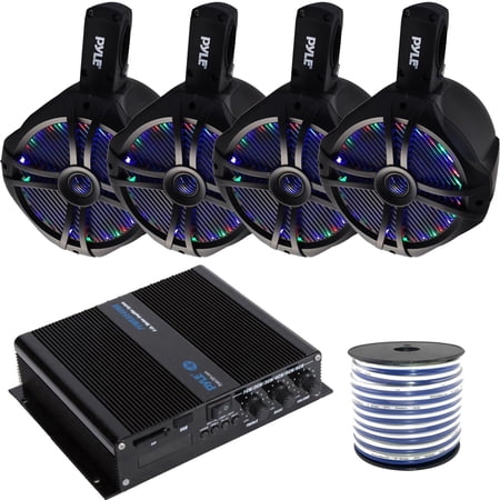 4 x Pyle 6.5" 200W Black Dual Marine Tower Wakeboard Water Resistant LED Speakers, Pyle 6-Channel Bluetooth Boat Yacht 600W Max Compact Amplifier System, Enrock Speaker Wire