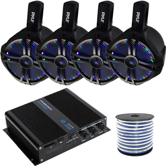 4 x Pyle 6.5" 200W Black Dual Marine Tower Wakeboard Water Resistant LED Speakers, Pyle 6-Channel Bluetooth Boat Yacht 600W Max Compact Amplifier System, Enrock Speaker Wire