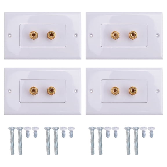 4 x Single-gang wall plates 4 x Banana jack binding post inserts 16 x Machine screws-White