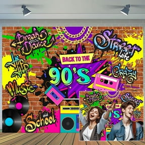 4 x 4 ft 90s Backdrop Hip Hop Back to The 90S Graffiti Banner Brick Wall Retro Photography Background Neon Rewind Retro 1990s Dance Adults Birthday Party Decor Banner Portrait Studio Booth Props