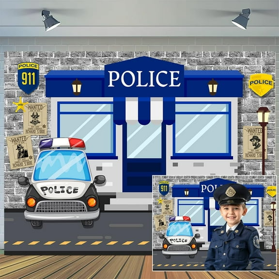 4 x 4 ft Police Theme Happy Birthday Party Decoration Backdrop Police Large Police Booth Car Banner Background Kids Boys Birthday Baby Shower Party Wall Supplies Props