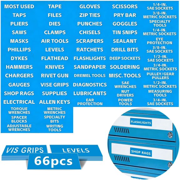 4"x1" Tool Box Label, 66 count Tool Chest Drawer Labels, Labels with Clear & Durable Print, Fits Steel Toolbox Drawers of Brands (Blue)