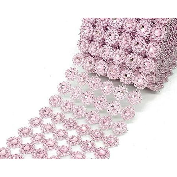4"x10 Yards Flower Diamond Mesh Faux Rhinestone Ribbon Wrap for Wedding, Party, and Events Decoration (Pink)