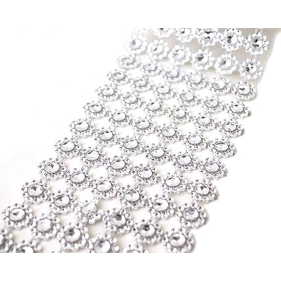 4"x10 Yards Flower Diamond Mesh Faux Rhinestone Ribbon Wrap for Wedding, Party, and Events Decoration (Silver)