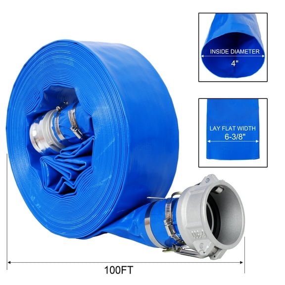 4"x100FT Filter Pool Backwash Hose, Blue Heavy Duty Reinforced PVC Lay Flat Water Discharge Pump Hoses For Swimming Pool Filter Pump,with 2 Clamp