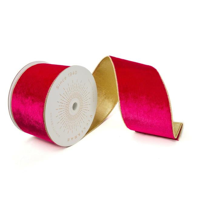 Vickerman QK242180 4 in. x 10 Yards Hot Pink Shiny Velvet Gold Trim Wired Ribbon