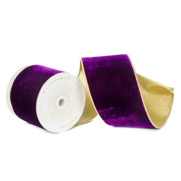 Vickerman QK242580 4 in. x 10 Yards Purple Velvet Gold Trim & Back Wired Ribbon