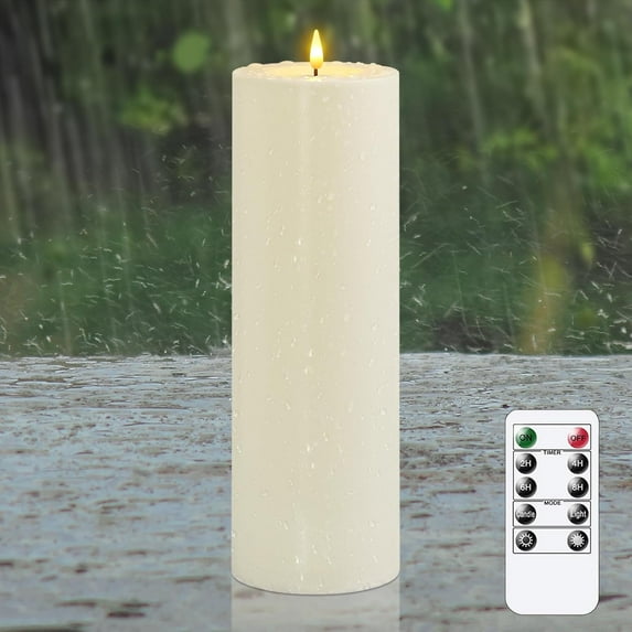 4" x12" Flameless Flickering Waterproof Candles with Remote, LED Battery Operated Timer Plastic Ivory Pack of 1 Pillar Candles for Outdoor Use (Long Lasting 420+ Hrs)