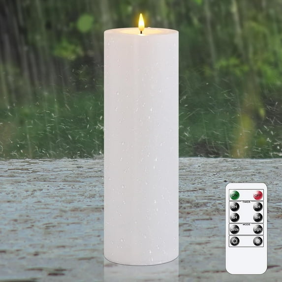 4" x12" Flameless Flickering Waterproof Candles with Remote, LED Battery Operated Timer Plastic White Pack of 1 Pillar Candles for Outdoor Use (Long Lasting 420+ Hrs)