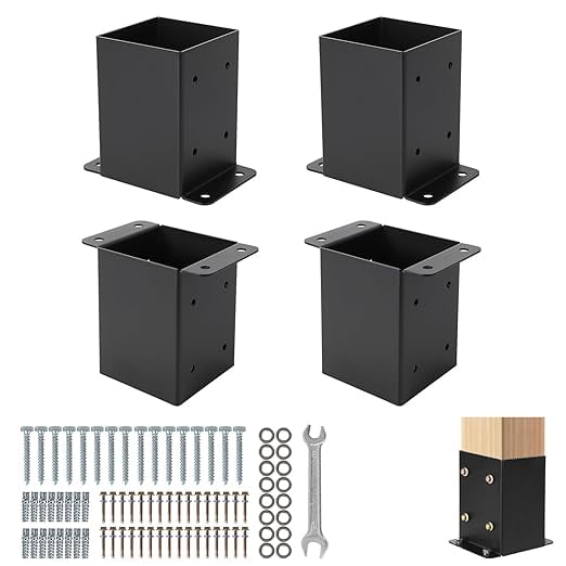 4"x4" Post Base for Deck,4 PC Steel Deck Post Bracket with Bolts and Hardware Kit,Post Anchor with Powder-Coated Finish,Metal Post Holder for Fence Deck,Pergola and Gazebo